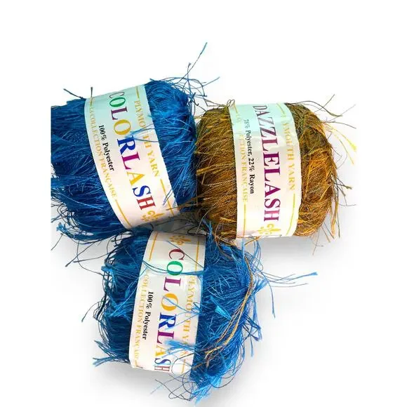 3 Skeins Plymouth Yarn COLORLASH #32 Blue & DAZZLELASH #105 Gold Eyelash Ribbon - Picture 11 of 16